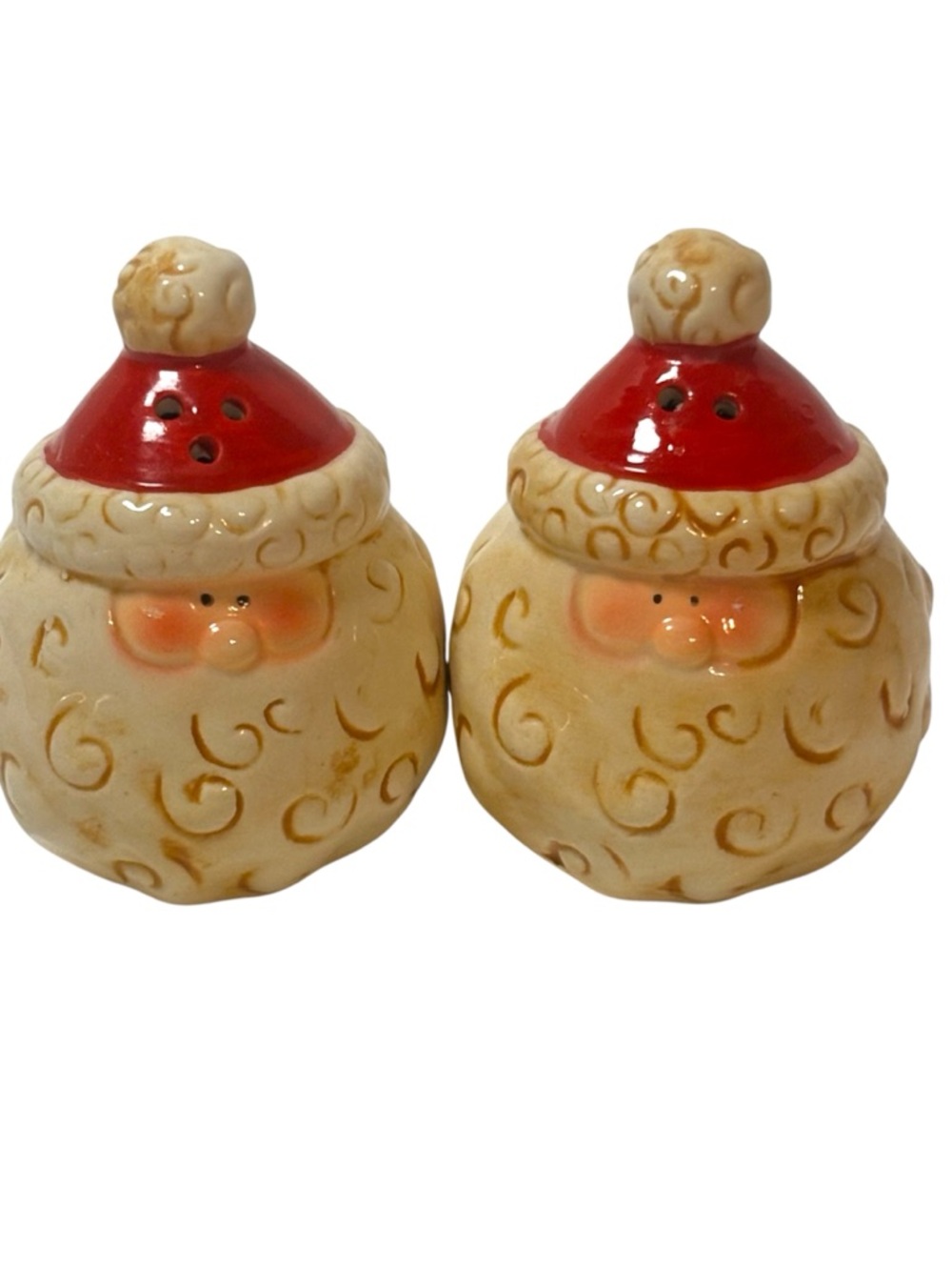 Festive Ceramic Santa Salt and Pepper Shakers Round Curly Swirl Beard Set of 2